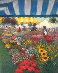 Wilmington Flower Market - Red Benches 20 x 25, pastel  SOLD